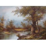 C Inness A landscape scene with a river in the foreground Oil on canvas Signed Together with two