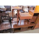 A 20th century oak coffee table together with a bedside cabinet, a commode,