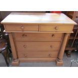A pine chest, with a rectangular top above two short and three long graduated drawers,