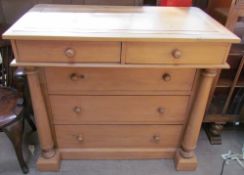 A pine chest, with a rectangular top above two short and three long graduated drawers,