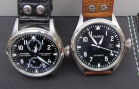 A Parnis Chronometer with a black dial on a black leather strap together with another Parnius