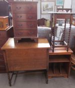 An oak coffer with barley twist legs together with a bedside chest of drawers,