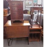 An oak coffer with barley twist legs together with a bedside chest of drawers,