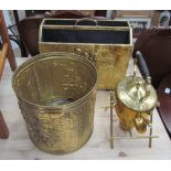 A brass magazine rack together with a brass waste paper basket and a kettle on stand