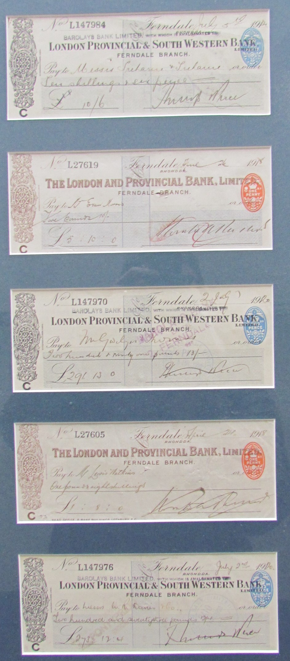 A set of five London Provincial & South Western Bank Ferndale Branch cheques dating from 1918 &