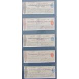 A set of five London Provincial & South Western Bank Ferndale Branch cheques dating from 1918 &