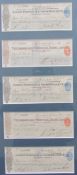 A set of five London Provincial & South Western Bank Ferndale Branch cheques dating from 1918 &