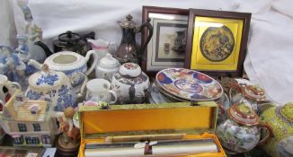 A Chinese porcelain ginger jar and cover together with assorted plates, scroll, teapots, figures,