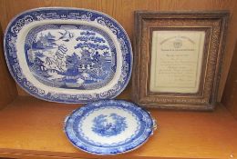 A blue and white willow pattern meat plate together with a Doulton Watteau pattern dish and a