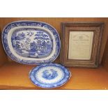 A blue and white willow pattern meat plate together with a Doulton Watteau pattern dish and a