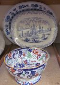 Three blue and white pottery meat plates together with an Amherst Japan Ironstone bowl