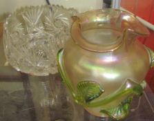 An opalescent glass vase together with a cut glass bowl