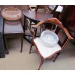 A piano stool and oak table together with a corner chair and two glass lamp shades