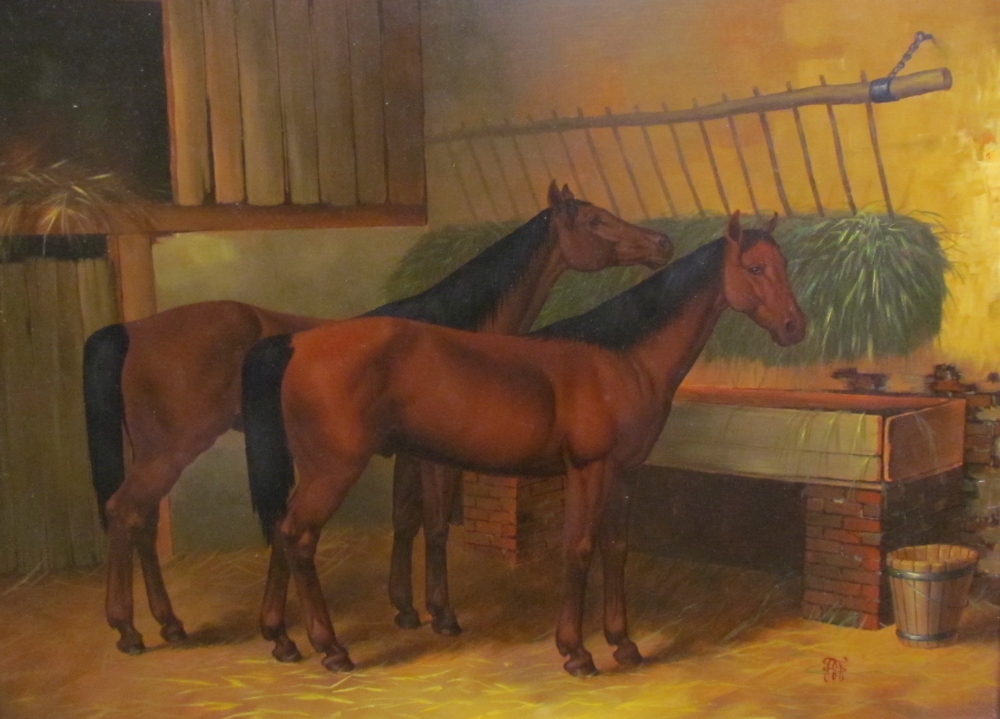 20th century continental School Horses in a stable Oil on board Initialled Together with a pencil