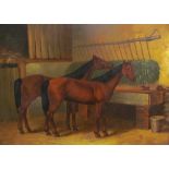 20th century continental School Horses in a stable Oil on board Initialled Together with a pencil