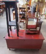 A painted pine coffer together with a black painted jardiniere stand and a Victorian mahogany