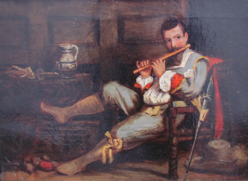 19th century continental school A Soldier in a tavern scene playing a flute Oil on canvas