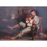 19th century continental school A Soldier in a tavern scene playing a flute Oil on canvas