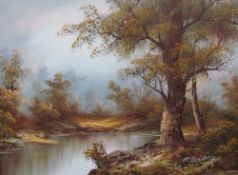 C Inness A landscape scene with a river in the foreground Oil on canvas Signed Together with two