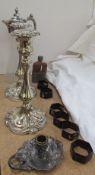 A WMF Art Nouveau chamber stick together with electroplated candlesticks, claret jug,