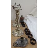 A WMF Art Nouveau chamber stick together with electroplated candlesticks, claret jug,