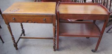 An oak side table together with a walnut tea trolley