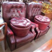 A pair of upholstered elbow chairs and foot stools