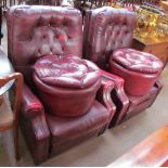 A pair of upholstered elbow chairs and foot stools
