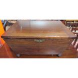 A 19th century mahogany cellarette of sarcophagus form with lion head handles on ball feet,