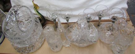 A cut glass decanter together with assorted glass bowls,