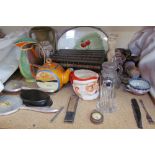 A porcupine quill box and Japanese ceramics together with a dressing table set,