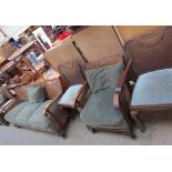 A Bergere three piece suite together with three bergere chairs and a similar table