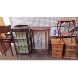 A pair of pine bedside cabinets together with an occasional table, two display cabinets,