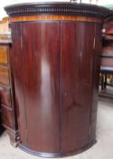 A 19th century mahogany bow fronted hanging corner cupboard with a moulded dentil cornice above a