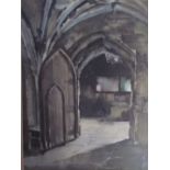 A J Wilson A church interior Watercolour Signed Together with decorative prints,