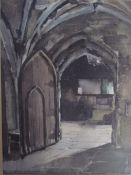 A J Wilson A church interior Watercolour Signed Together with decorative prints,