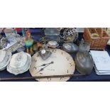 A large lot including a walking stick, dish covers, table lamp,