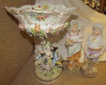 A Continental porcelain table centrepiece encrusted with flowerheads and figures together with a