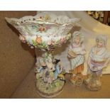 A Continental porcelain table centrepiece encrusted with flowerheads and figures together with a