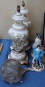 A pair of opaque glass table lamps, glass fish bowl, pair of porcelain figures and an oil painting,