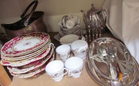 A copper coal scuttle together with a Shelley part tea set, electroplated wares,