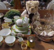 A silver topped dressing table pot together with a silver topped scent bottle, electroplate items,