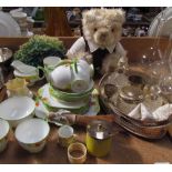 A silver topped dressing table pot together with a silver topped scent bottle, electroplate items,