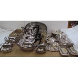 A quantity of electroplated wares including dishes, teapots, entree dish and cover,