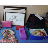A Roberts radio together with assorted prints, costume jewellery, handbags,