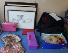 A Roberts radio together with assorted prints, costume jewellery, handbags,
