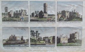 A framed set of three hand coloured engravings including St Donat's Castle, Rhudian Castle,