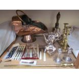 A pair of silver candlesticks together with brass candlesticks, electroplated sauce boat,