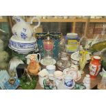 A large lot including pottery vases, part tea sets, lamp shades,