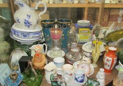 A large lot including pottery vases, part tea sets, lamp shades,